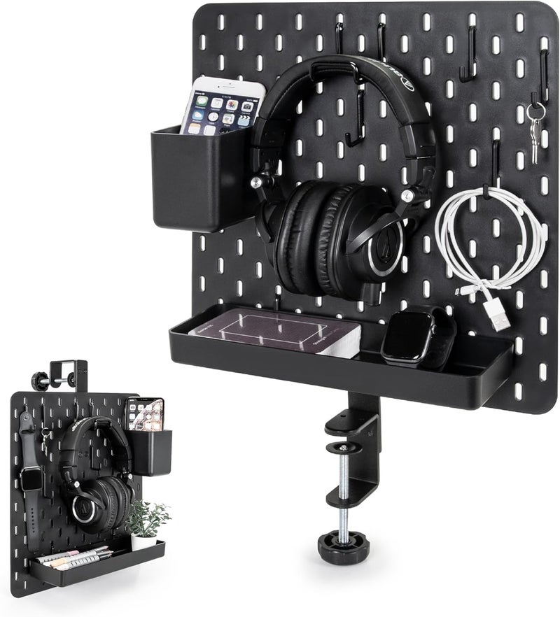 EHO Clamp-On Desk Pegboard, 13.5 x 14 inch Privacy Divider, Desk Partition Panel, No-Drill Desk Mounted Organizer, Combination Peg Board for Office, Gaming, Home, Plants, Black - Image 1